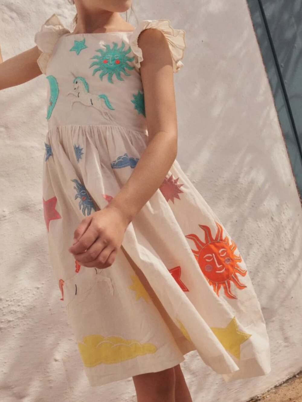 Mini Boden Off-White Appliqué Cotton Dress 2-3Y Embroidered Celestial Whimsical